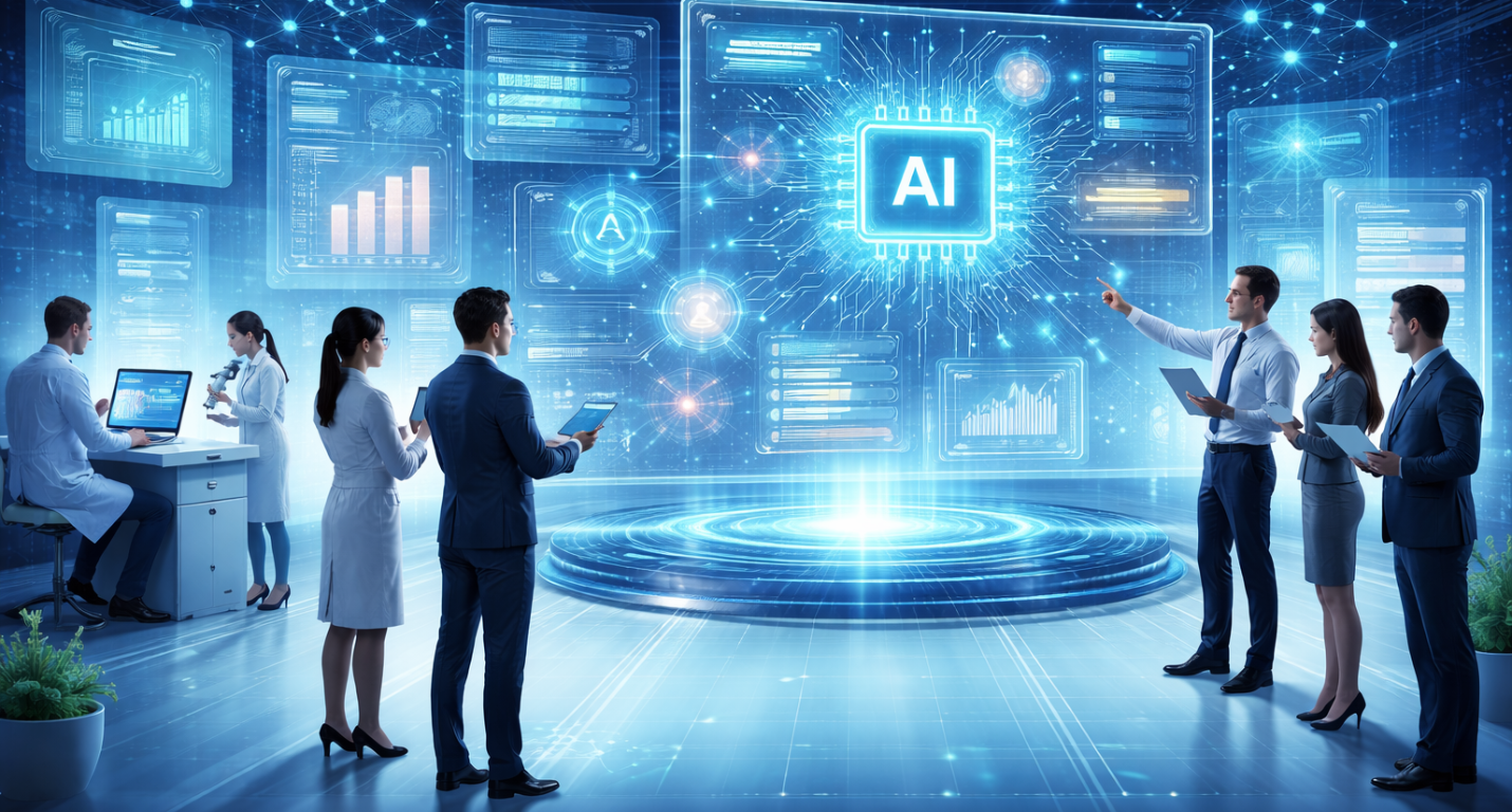 office employees looking at an AI image